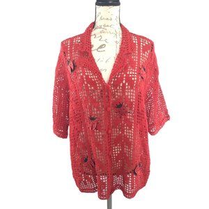 Morgan Cole open knit red button unique cardigan w/ Ladybugs measures Large/XL
